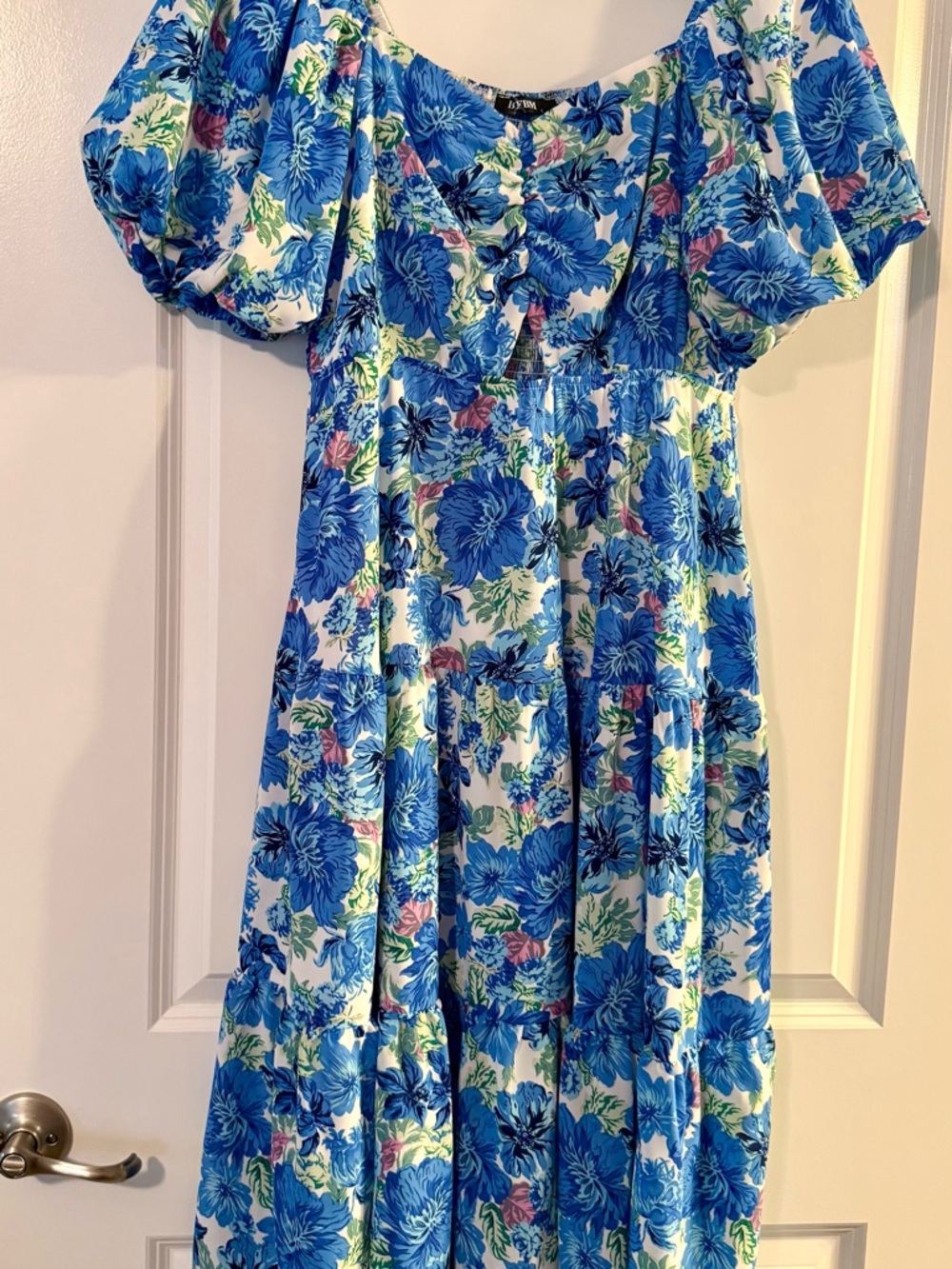 Amazon Blue Floral Midi Dress with Puff Sleeves